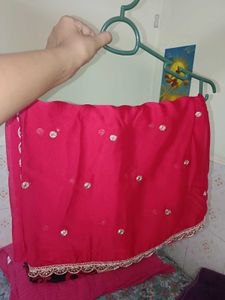Red Silk Saree with Sequins & Lace Border