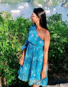 Blue Floral One-Shoulder Mini Dress