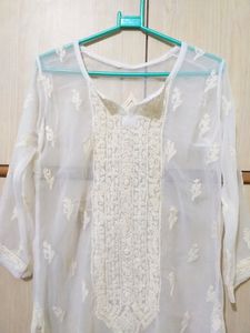 White Kurti With Creme Embroidery