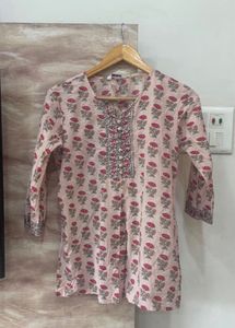 Beige Floral Print short Kurta
