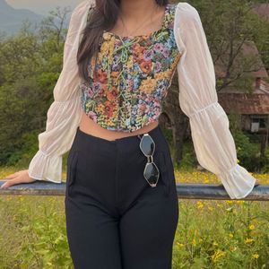 Floral Lace-up Corset Style Puff Full Sleeve Top
