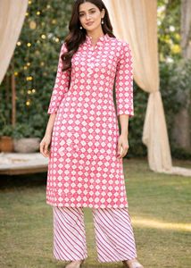2 Pc Pink &amp; White Kurti Set