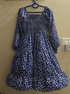 Blue Floral Smocked Midi Dress