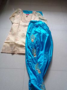 Short Straight Kurta With Pleated Salwar &amp; Duppata