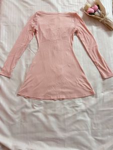 Pink Ribbed Lace Detail Mini Dress 🎀