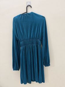 Teal Pleated V-Neck Mini Dress