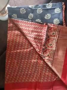 Poly Silk Black Saree With Red Corner