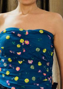 Teal Blue Floral Embroidered Ruched Tube Top