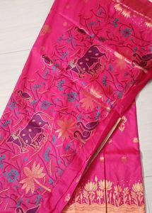 78)Pink Fabric with Bird Embroidery Saree