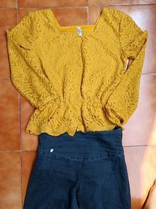 Mustard Yellow Lace  Top with high  waist jeans