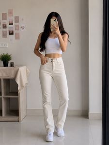 Cream High-Waist Straight Leg Jeans