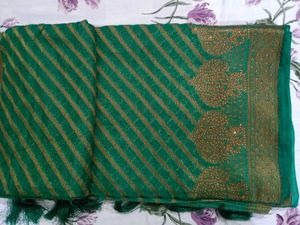 Green &amp; Gold Striped Saree Fixed Price