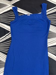 Blue Ribbed Square Neck Bodycon Dress