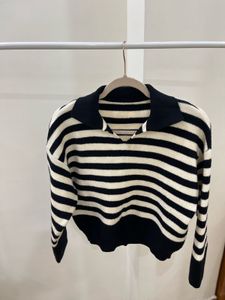 BLACK  and WHITE Striped Polo Collar knit SWEATER