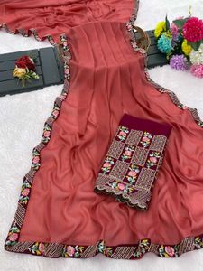 Elegant Peach Embroidered Saree