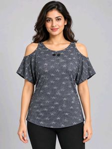 Gray Star Print Cold Shoulder Top