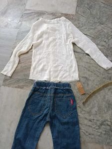 Girls White Cardigan &amp; Jeans Set