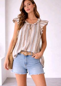 Chic Striped Ruffle Neck Top