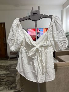 Chic White Ruched Puff Sleeve Top
