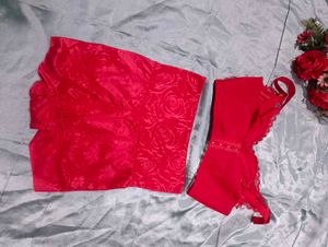 Red Lace Bra and High-Waisted Shorts Set