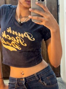 y2k Navy Blue Graphic fitted Crop Top