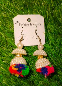 Beaded Jhumka Earrings with Pom Po