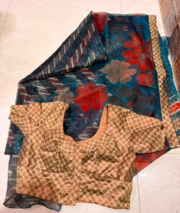 Beautiful Blue Floral Saree with Blouse
