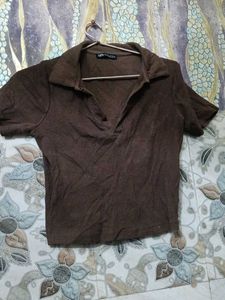 Zara Brown Collared Crop Top