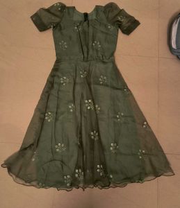 Elegant Olive green Organza Puff Sleeve Dress