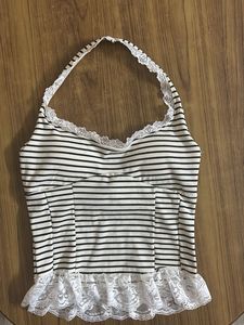 Striped Halter Top with Lace Trim