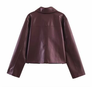 Dark maroon Faux Leather Cropped Jacket