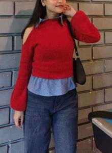 Red Cold Shoulder Sweater Top
