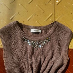Brown Sleeveless Top with Beads Embellishments