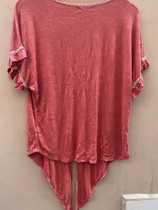 Women's Pink Lace Trim Tie-Front Top