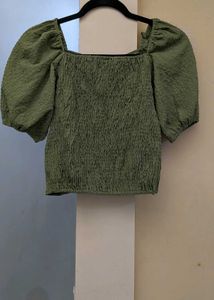Olive Green Puff Sleeve Textured Top