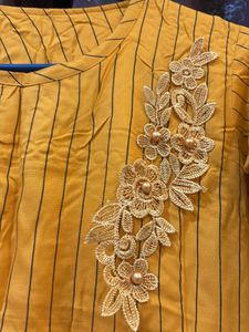 Yellow Striped Kurta with Lace
