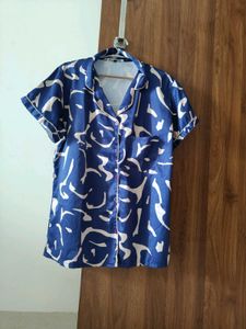 Stylish Blue & White Printed Pajama Top