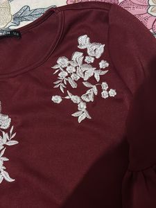 Maroon Embroidered Top With Bell Sleeves