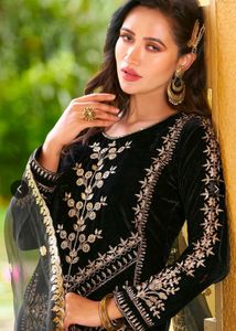 Black Velvet Embroidered Kurta Set