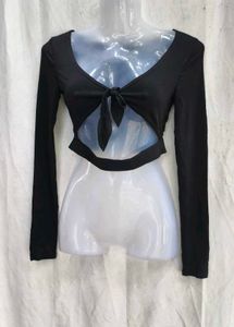 36209. Chic Black Tie-Front Cutout Top