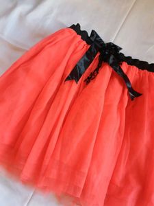 Vibrant Coral Tulle Skirt with Black Ribbon