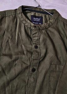 Men's Olive Green Band Collar Shirt