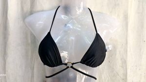 Stylish Black Halter Bikini Top with Gold Ring