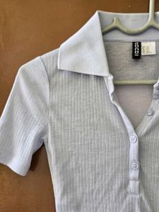 H&amp;M Light Blue Ribbed Polo Tee