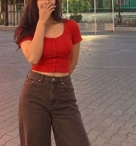 Red Ribbed Cropped Button-Up Top
