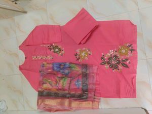Embroidered Pink Kurti Set