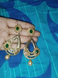 Designer Gold Tone Green Stone Earrings