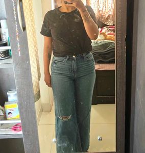 Ripped Wide Leg Denim Jeans