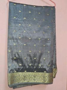 Elegant Grey Saree with Golden Motifs