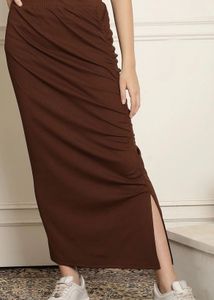 NEUDIS- Bodycon Brown Ribbed Ruched Midi Skirt